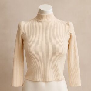 St John Ivory Ribbed Mock Neck Wool Blend Sweater Classic Luxury Cozy Knit Small